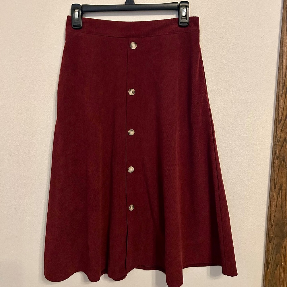 Women’s Burgundy Corduroy Skirt, Button Detail, Size Small